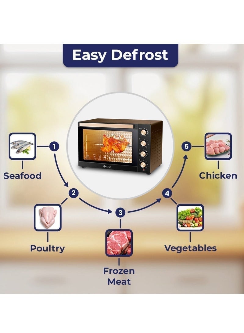 اس بي جي فرن كهربائي SPJ، فرن 120 لتر، 2800 وات مع 7 مستويات طاقة، درجة حرارة قابلة للتعديل 70-250 درجة مئوية، مؤقت 120 دقيقة، مشواة بمحرك 360 درجة، مصباح داخلي، سهل الاستخدام، اللون - بني، EOW-BR120L03 - Image 4